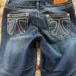 Seven7 Dark Blue Boot Cut Women's Jeans with Contrast Pocket Stitching stretch